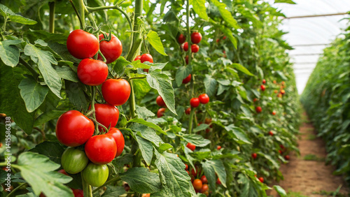Tomatoes on trees in field with warm sunlight natural sunny day background,  Tometo growing in field
