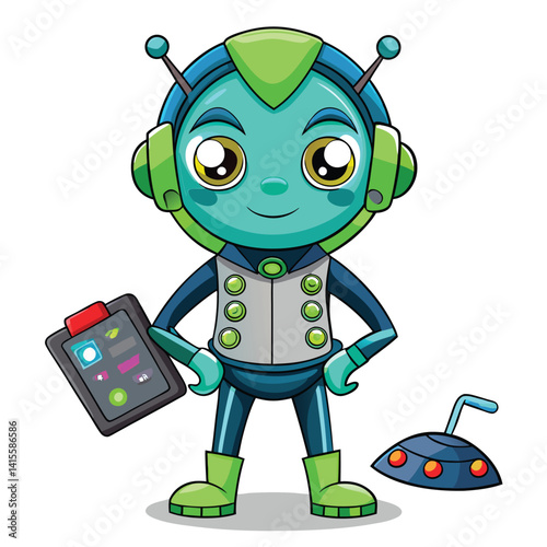 Cute robot alien holding a tablet, standing next to a spaceship