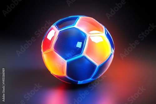 Vibrant soccer ball illuminated with colorful lights on a dark background, showcasing its design