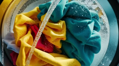 Close-up of colorful clothes inside front-loading washing machine with soap suds and water