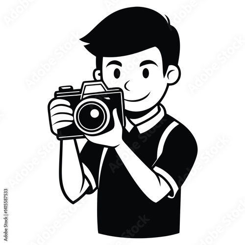 Happy Young Man Holding a Vintage Camera Photography Illustration