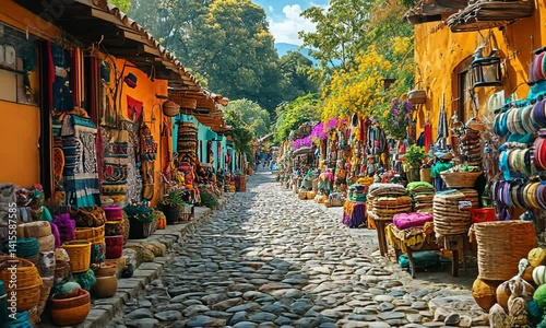 Vibrant market street lined with colorful crafts and pottery under a sunny sky