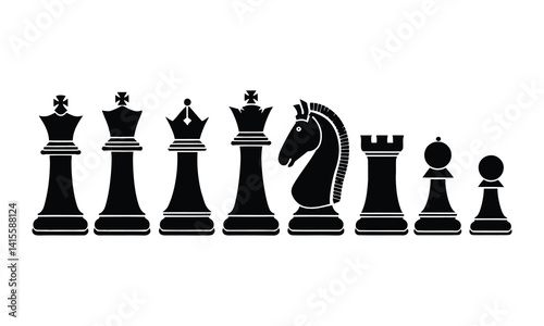 Chess strategy game shows black king, queen, and pawn pieces, a concept of competition and battle