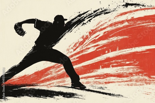Silhouette of a baseball pitcher in action, with dynamic brush strokes in the background, symbolizing energy