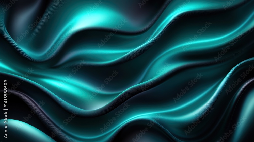 Fototapeta premium Teal flowing fabric drapes in a dark backdrop.