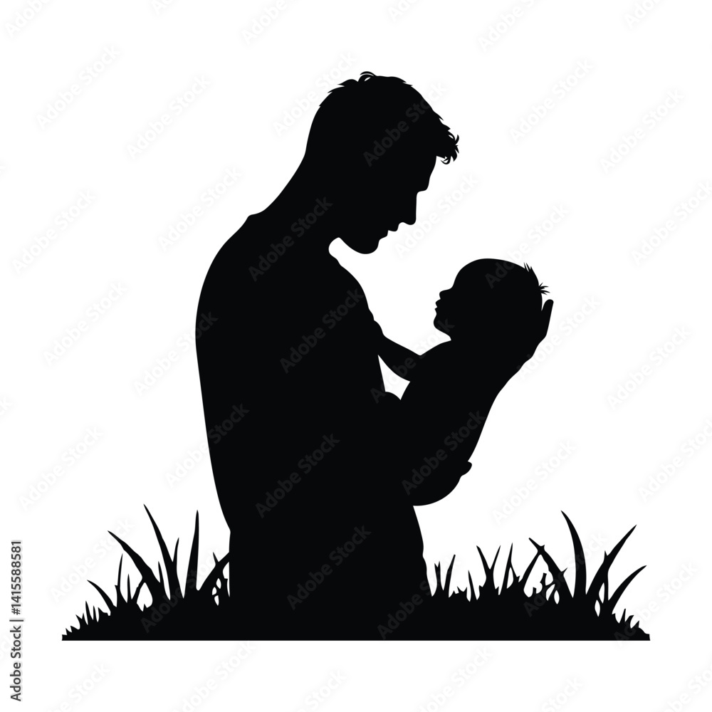 Silhouette illustration shows a father holding her child, a daughter, with love Silhouette illustration shows a father holding her child, a daughter, with love