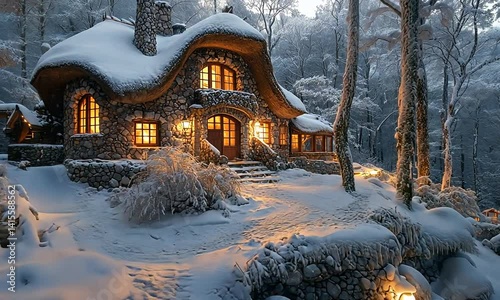 Cozy stone cottage in a snowy forest, illuminated windows glowing warmly at dusk