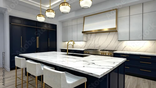 Modern luxury kitchen with white marble island, navy cabinets, and gold pendant lighting