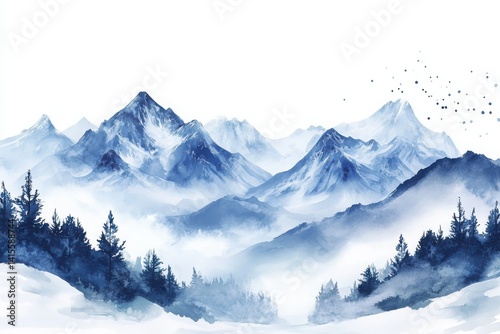 Winter Mountain Landscape Watercolor Design