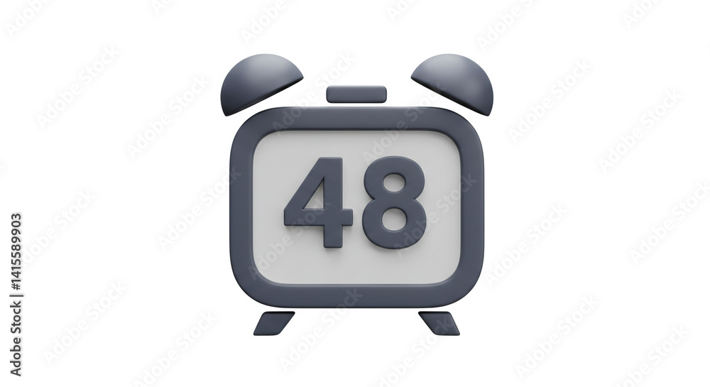 Naklejka premium A sleek 3D alarm clock displaying 48, symbolizing a countdown or deadline, rendered in muted grey tones on a stark white background.