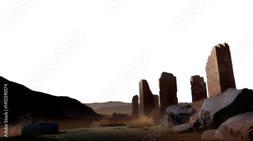 Stone Monument in Desert Landscape: A weathered stone monument standing resolute against a rugged desert, sculpted by wind and time, surrounded by rock and sand.