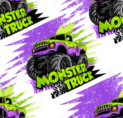 Abstract seamless grunge pattern for boy. Grunge  Monster Truck  trace of tire on colorful background. Extreme style