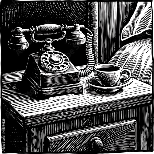 Vintage Telephone and Coffee Cup on Nightstand