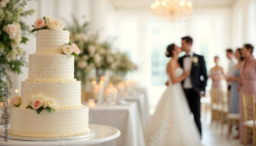Multi-tiered wedding cake with flowers, sharp focus, set against a dreamy reception scene.