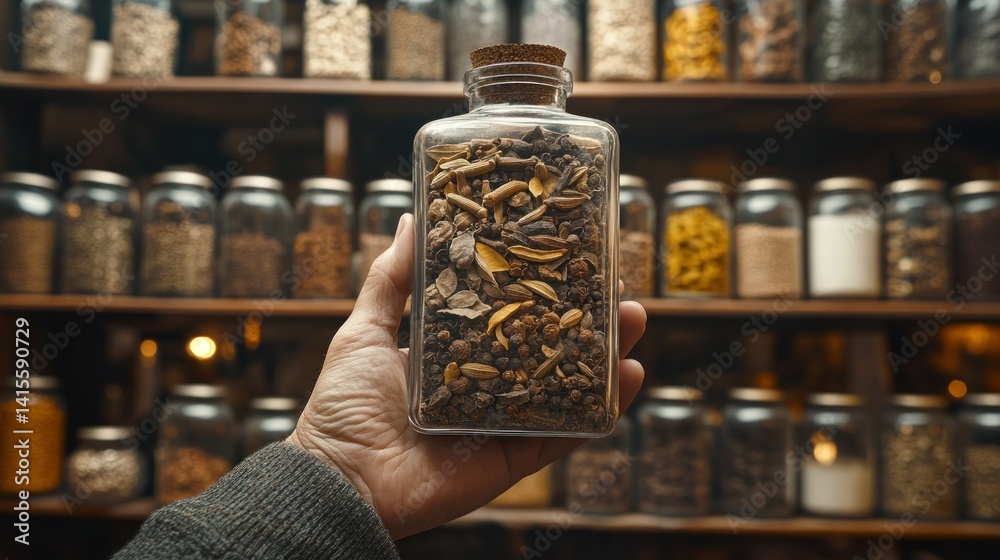 Obraz premium Hand holding a glass jar filled with assorted dried herbs and spices. A variety of spices are displayed on shelves behind