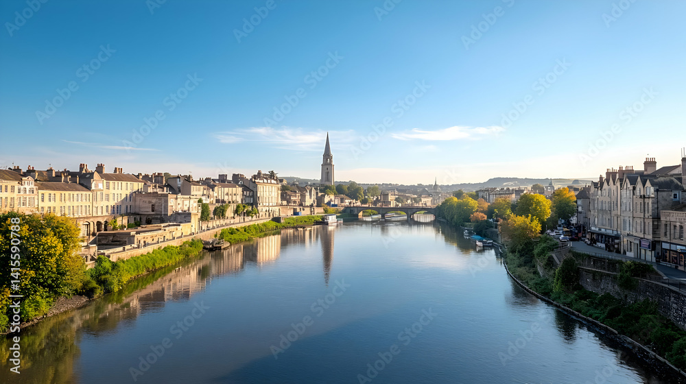 Panoramic View Of A French Town By The River Panoramic View Of A French Town By The River