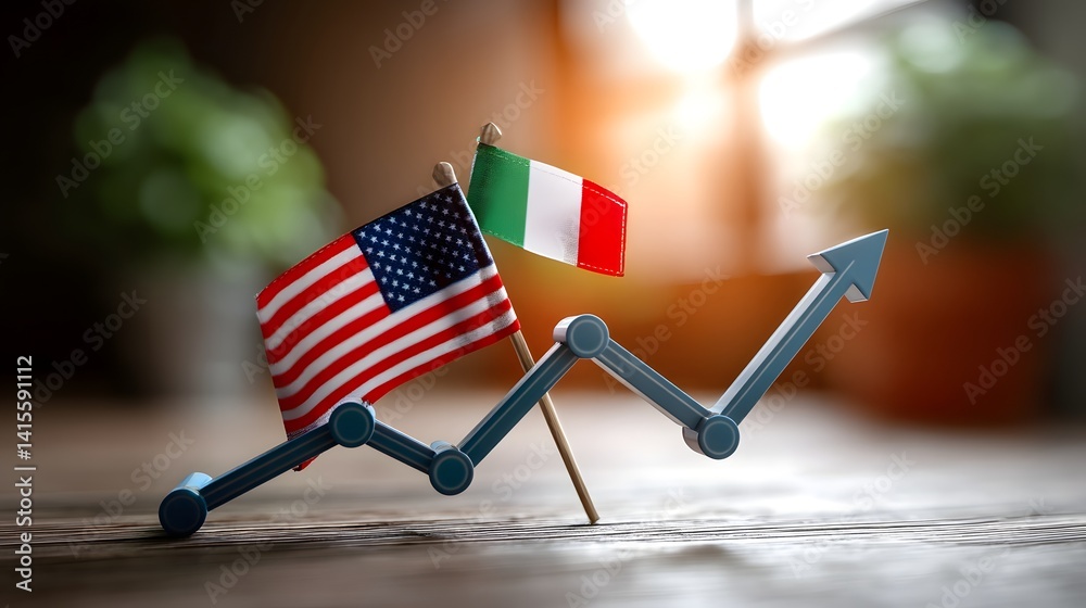 Upward trend in international trade and export competition between the United States and Italy represented by flags and a rising chart arrow