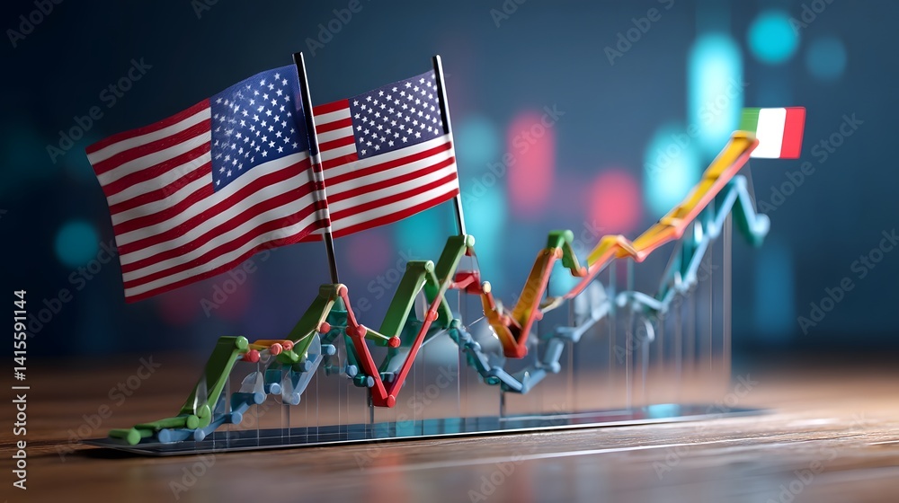 Upward trending line graph indicates strong global trade and economic growth with national flags representing international competition and prosperity