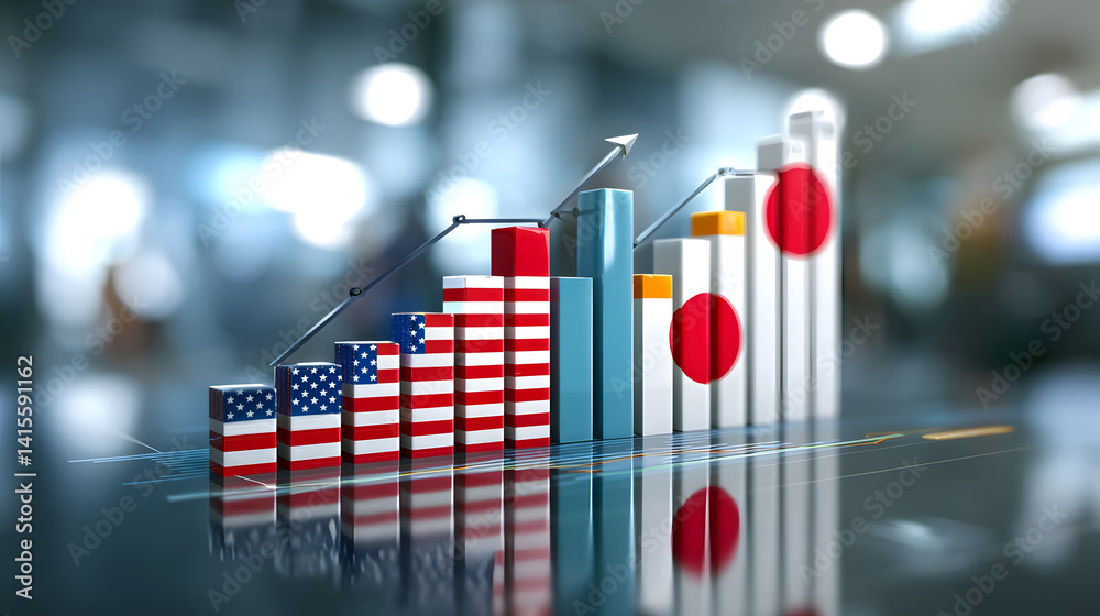 Upward pointing bar graph with American and Japanese flags in the blurred background symbolizing the changing landscape of global trade and economic performance