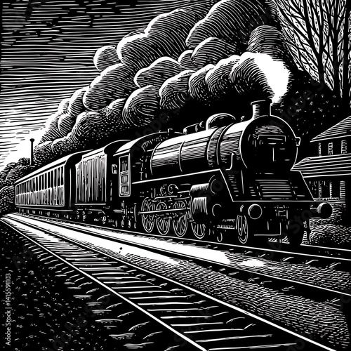 Steam Train in Motion, Black and White Illustration