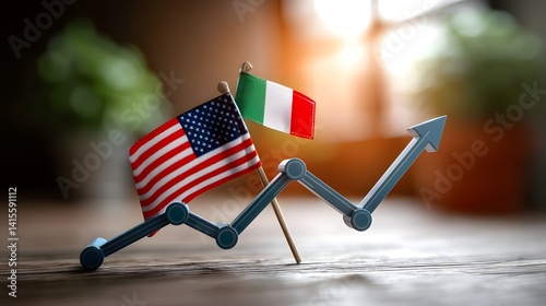 Obraz na płótnie Upward trend in international trade and export competition between the United States and Italy represented by flags and a rising chart arrow w salonie