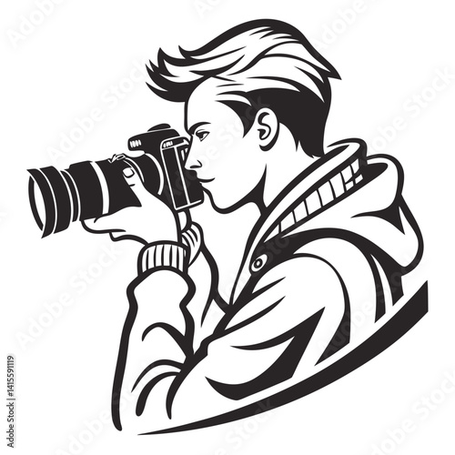 Stylish Black and White Illustration of a Young Photographer Taking a Picture with a DSLR Camera