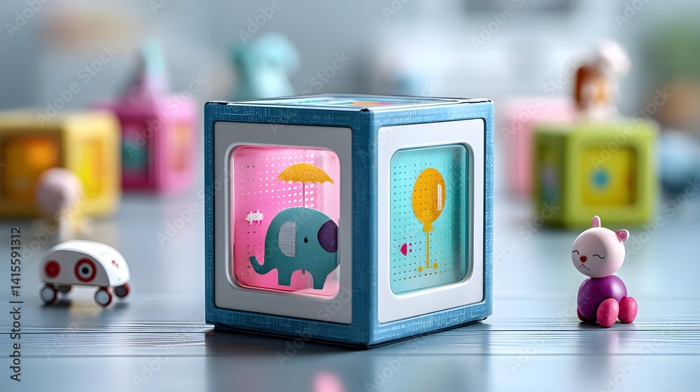 Vibrant and whimsical toy packaging design featuring a cube shaped box with colorful geometric patterns and peek through showcasing the contents inside