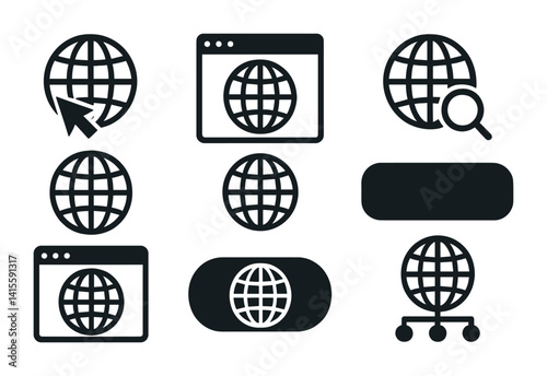 Global network icons set: web browsing and connectivity in linear style