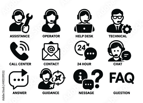 Customer support icons set: assistants, help desk, and more in flat style