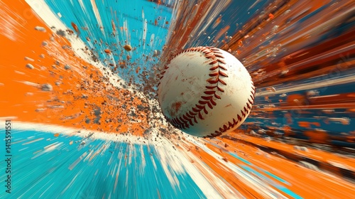 Dynamic baseball in motion, bursting through a colorful background, capturing the thrill of the game