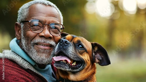 Happy senior man smiling while holding his dog in warm golden hour light at the park