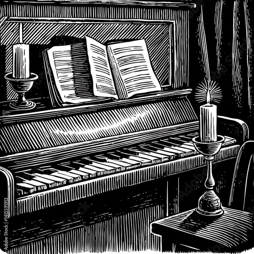 Antique Piano with Candles and Music Book
