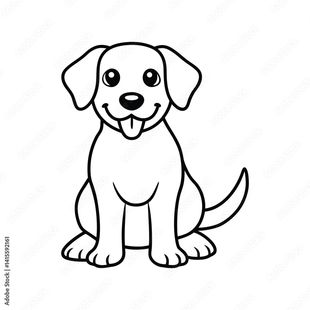 Black and white line art drawing of a cute dog sitting and looking up at the viewer with a happy expression.eps Black and white line art drawing of a cute dog sitting and looking up at the viewer with a happy expression.eps