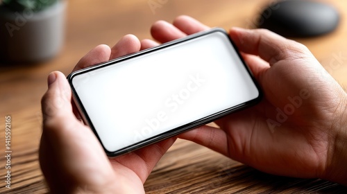 Holding Phone with Blank White Screen Displaying Horizontally for App Mockup