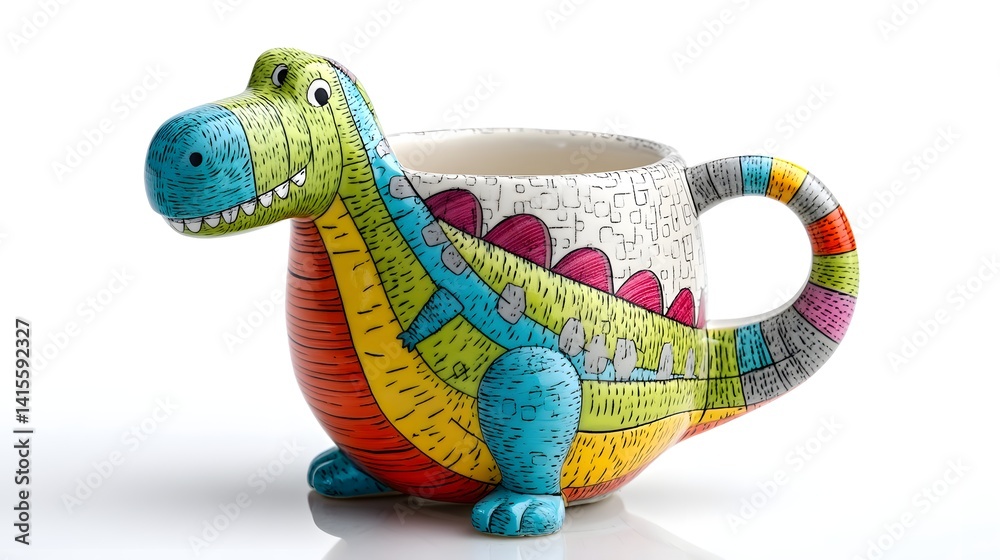 Whimsical and playful ceramic mug shaped like a colorful dinosaur perfect for adding a touch of fun to any kitchen or dining space