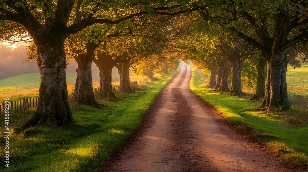 Fototapeta premium Golden Sunlight Path Through Autumn Trees