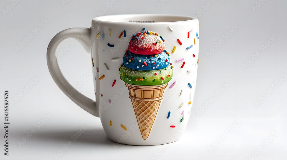 Whimsical ceramic mug in the shape of an ice cream cone decorated with a rainbow of sprinkles and a playful festive design