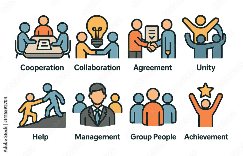 Teamwork icons set: flat style illustrations for business and collaboration themes Teamwork icons set: flat style illustrations for business and collaboration themes