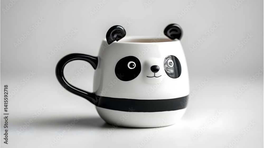 Whimsical panda shaped ceramic mug featuring a striking black and white color scheme and a minimalist playful design