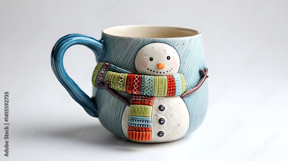 Whimsical winter themed ceramic mug shaped like a snowman featuring a colorful patterned scarf detail and a cozy holiday inspired design