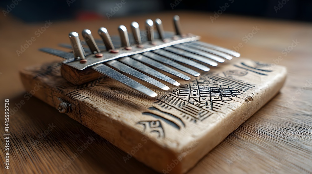 Wooden kalimba or thumb piano with a tribal inspired engraved pattern on the sound board ready to be played with fingers or thumbs to produce a soothing melodic sound