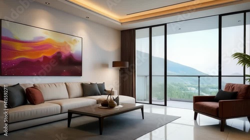 Showcase penthouse living room with vibrant artwork and mountain view, featuring stylish furnishings