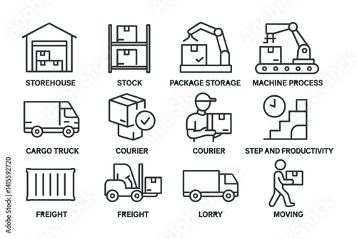 Logistics and delivery icon set: warehousing, transport, packaging, and productivity icons