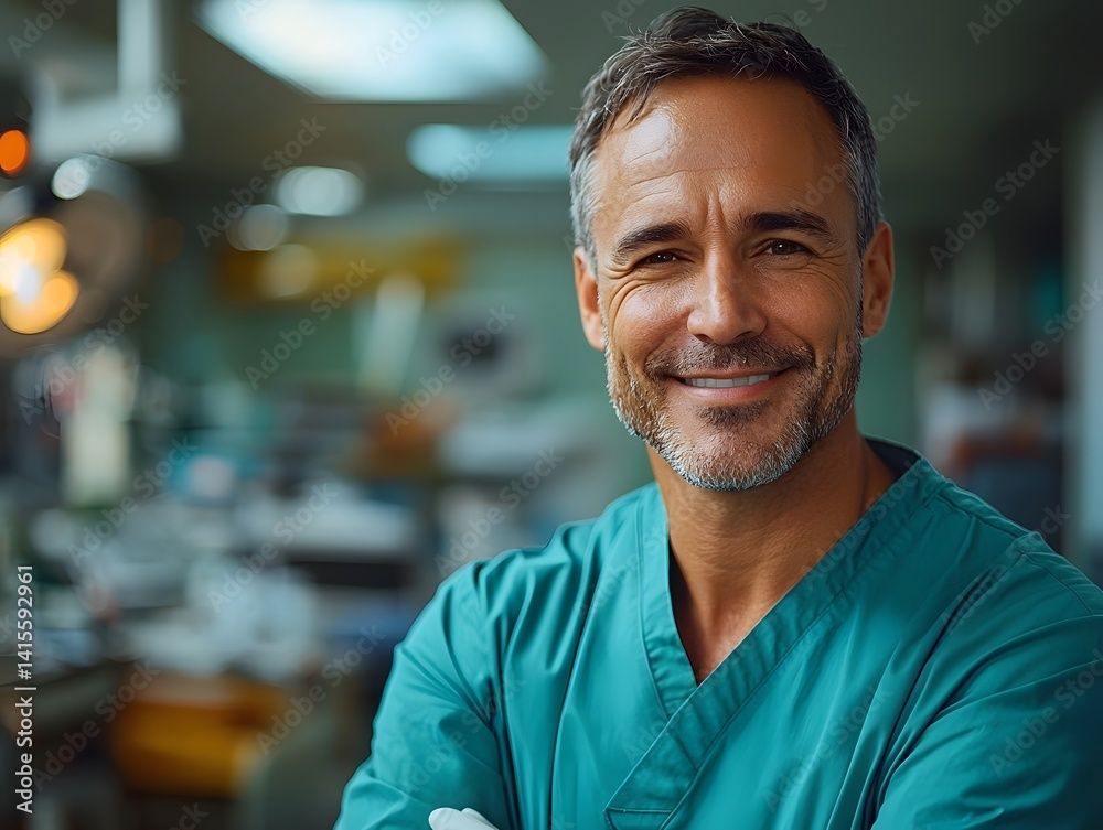 Confident doctor in medical scrubs smiling in a clinical setting