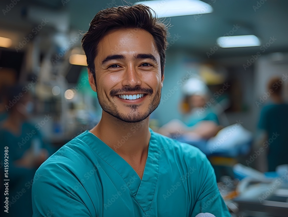 Confident surgeon in scrubs and gloves smiling in a pre operative room filled with medical tools