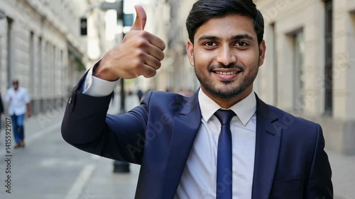 Portrait of a confident, attractive Indian man in a jacket and tie, smiling and giving a thumbs up against the backdrop of a modern urban landscape.