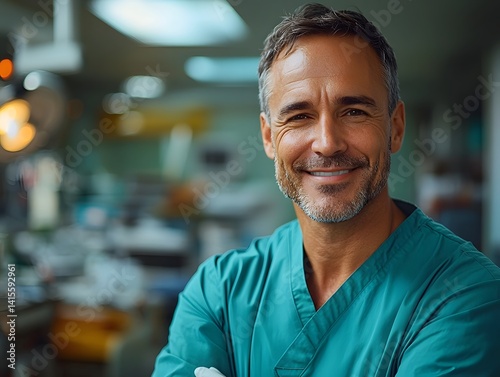 Obraz na płótnie Confident doctor in medical scrubs smiling in a clinical setting w salonie