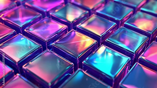 Abstract futuristic 3D tiles with iridescent colors in glassy textured pattern