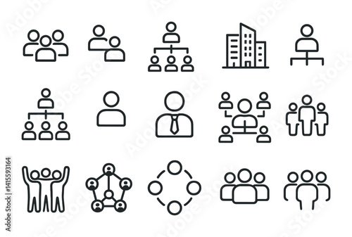 Business hierarchy icons set: organizational and team structure in linear style