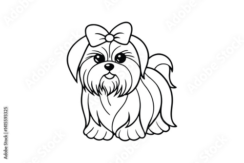 Black and white line art drawing of a Shih Tzu with long flowing fur and a topknot bow.eps